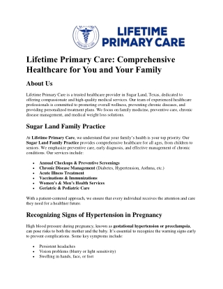 Comprehensive Family Care at Lifetime Primary Care in Sugar Land