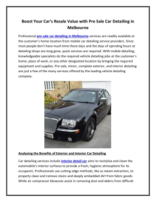 Boost Your Car’s Resale Value with Pre Sale Car Detailing in Melbourne