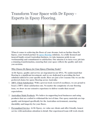 Transform Your Space with Dr Epoxy - Experts in Epoxy Flooring.