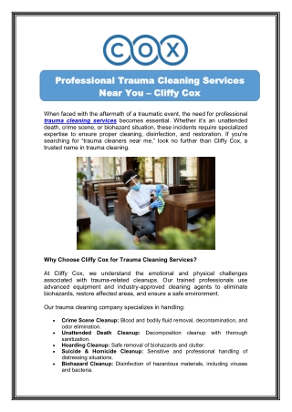 Trust Cliffy Cox for Reliable Trauma Cleaning Services
