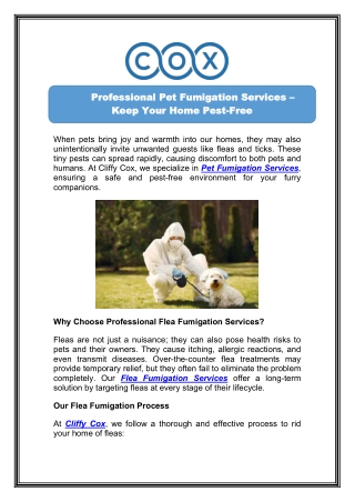 Choose Cliffy Cox for Expert Flea Fumigation Company