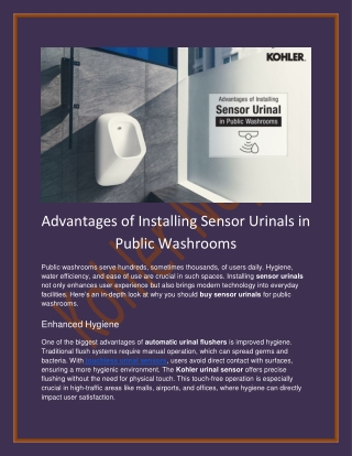Benefits of Sensor Urinals in Public Washrooms  Kohler Nepal