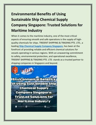 Environmental Benefits of Using Sustainable Ship Chemical Supply Company Singapore Trusted Solutions for Maritime Indust