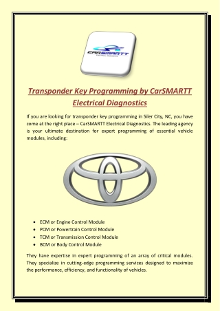 Transponder Key Programming by CarSMARTT Electrical Diagnostics