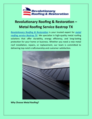 Revolutionary Roofing & Restoration Metal Roofing Service Bastrop TX