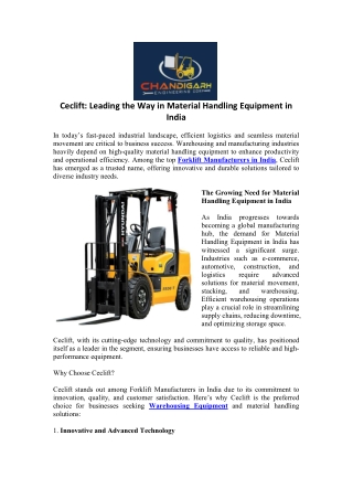 Ceclift: Leading the Way in Material Handling Equipment in India