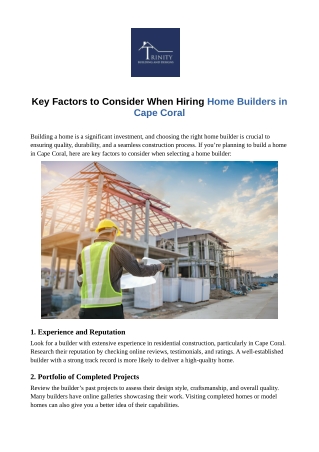 Key Factors to Consider When Hiring Home Builders in Cape Coral