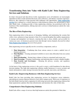 Transforming Data into Value with Kadel Labs' Data Engineering Services and Solutions