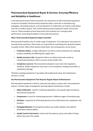 Pharmaceutical Equipment Repair & Services