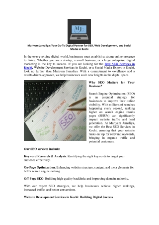 Mariyam Jamaliya Your Go-To Digital Partner for SEO, Web Development, and Social Media in Kochi