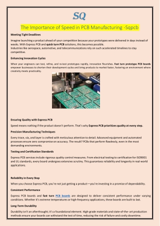 The Importance of Speed in PCB Manufacturing  -Sqpcb