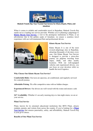 Mukesh Travels Raj Your Trusted Taxi Service for Khatu Shyam, Pilani, and Jaisalmer