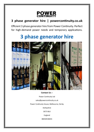 3 phase generator hire  powercontinuity.co.uk