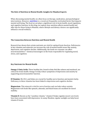 The Role of Nutrition in Mental Health Insights for Mumbai Experts