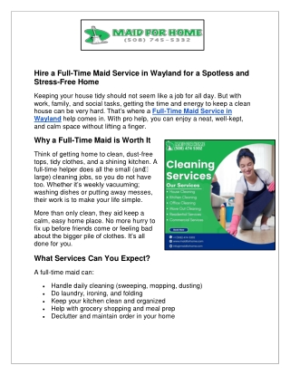 Hire a Full-Time Maid Service in Wayland