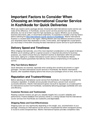 Important Factors to Consider When Choosing an International Courier Service in Kozhikode for Quick Deliveries