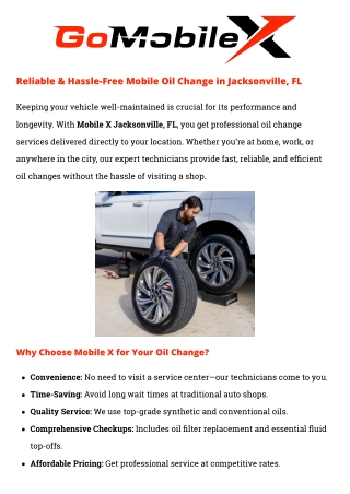 Mobile X Oil Change Service in Jacksonville, FL | GoMobileX