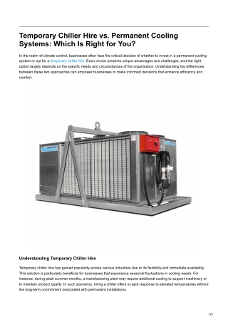 Temporary Chiller Hire vs. Permanent Cooling Systems Which Is Right for You