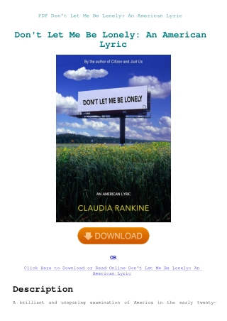 PDF Don't Let Me Be Lonely An American Lyric