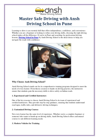 Master Safe Driving with the Best Driving School in Pune – Ansh Driving School