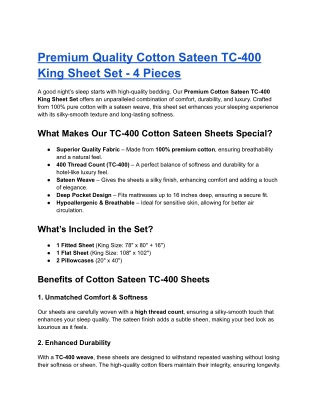 Premium Quality Cotton Sateen TC-400 King Sheet Set - 4 Pieces