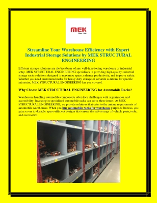Streamline Your Warehouse Efficiency with Expert Industrial Storage Solutions by MEK STRUCTURAL ENGINEERING