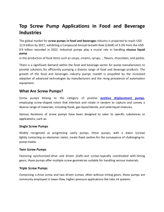 Top Screw Pump Applications in Food and Beverage Industries