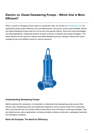 Electric vs Diesel Dewatering Pumps Which One is More Efficient