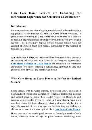 How Home Care Services are Enhancing the Retirement Experience for Seniors in Costa Blanca