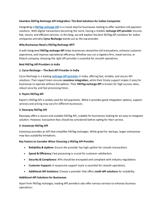Seamless FASTag Recharge API Integration: The Best Solutions for Indian Companie