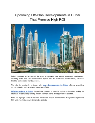 Upcoming Off-Plan Developments in Dubai That Promise High ROI