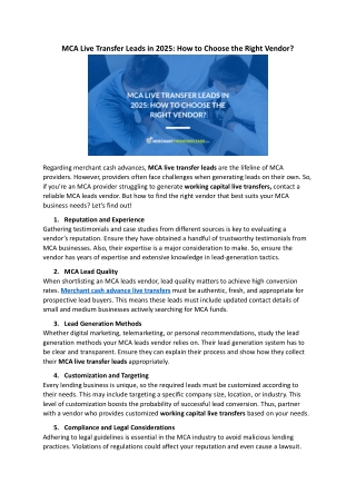 MCA Live Transfer Leads in 2025 How to Choose the Right Vendor