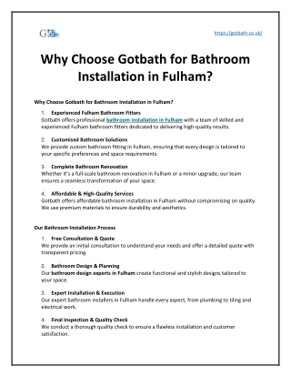 Why Choose Gotbath for Bathroom Installation in Fulham?