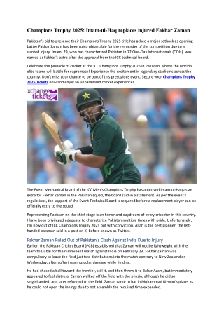 Champions Trophy 2025 Imam-ul-Haq replaces injured Fakhar Zaman