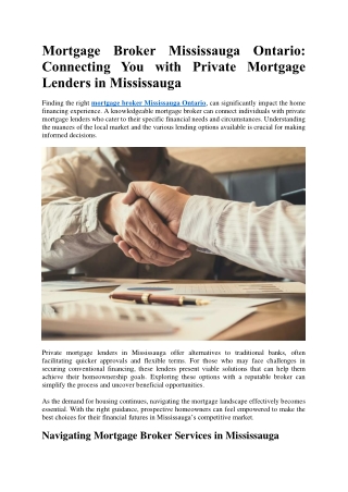 Mortgage Broker Mississauga Ontario Connecting You with Private Mortgage Lenders in Mississauga