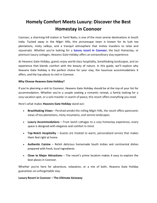 Best Homestay In Coonoor - Heavens Gate Holiday