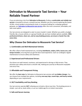 Dehradun to Mussoorie Taxi Service