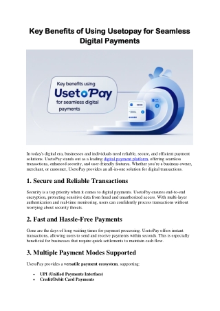 Key Benefits of Using Usetopay for Seamless Digital Payments