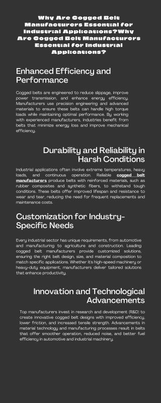 Why Are Cogged Belt Manufacturers Essential for Industrial Applications?