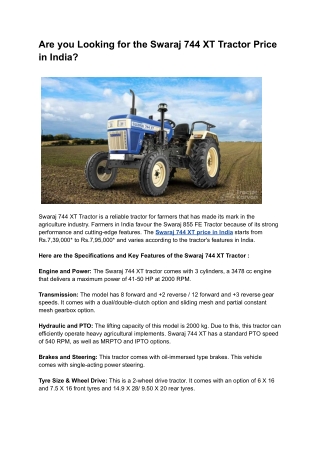 Are you Looking for the Swaraj 744 XT Tractor Price in India
