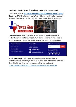 Expert Gas Furnace Repair & Installation Services in Cypress, Texas