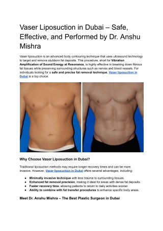 Vaser Liposuction in Dubai – Safe, Effective, and Performed by Dr