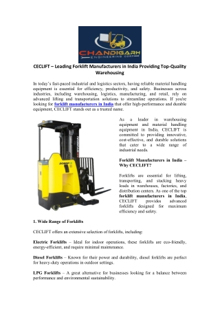 CECLIFT  Leading Forklift Manufacturers in India Providing Top-Quality Warehousing