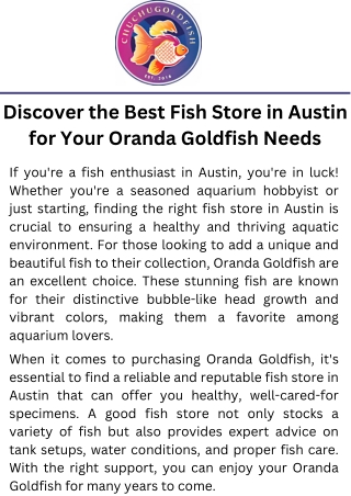 Discover the Best Fish Store in Austin for Your Oranda Goldfish Needs