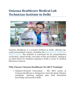 Unizona Healthcare Medical Lab Technician Institute in Delhi