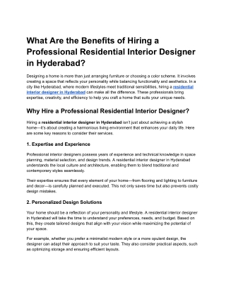 What Are the Benefits of Hiring a Professional Residential Interior Designer in Hyderabad