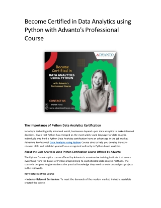 Become Certified in Data Analytics using Python with Advanto's Professional Course