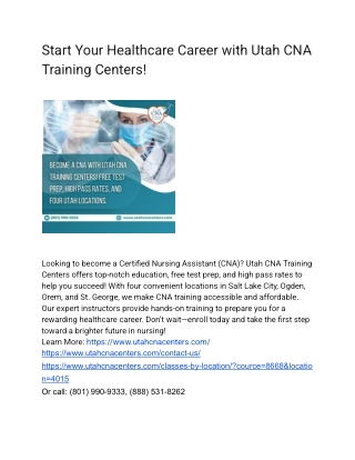 Start Your Healthcare Career with Utah CNA Training Centers!