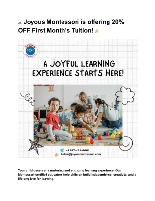 Joyous Montessori is offering 20% OFF First Month’s Tuition!