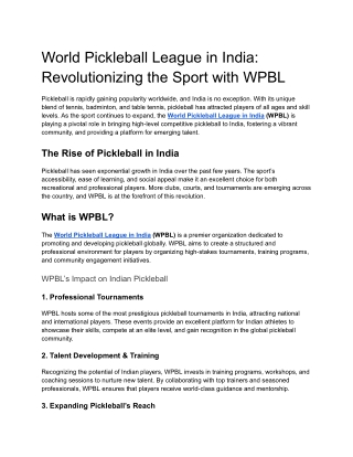 World Pickleball League in India- Revolutionizing the Sport with WPBL